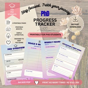 PhD Progress Tracker Printable | PDF Research Planner | Academic Study Organizer | Graduate Student Printable