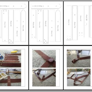 May include: A leatherworking project with instructions and photos showing how to make a leather strap. The project includes a pattern, tools, and materials. The strap is made of brown leather and has a simple design.