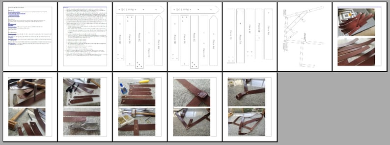 May include: A leatherworking project with instructions and photos showing how to make a leather strap. The project includes a pattern, tools, and materials. The strap is made of brown leather and has a simple design.