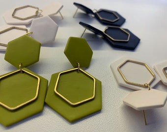 Hexagon dangly earrings with brass detail "Mystery of Love"