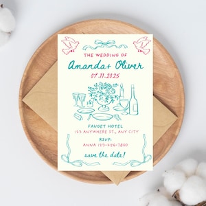 May include: A cream-coloured wedding invitation card featuring teal and pink line art illustrations of doves, ribbons, and a table setting. The text reads: THE WEDDING OF Amanda + Oliver 07.11.2025, FAUGET HOTEL 123 ANYWHERE ST., ANY CITY, RSVP: ANNA 123-456-7890, save the date!