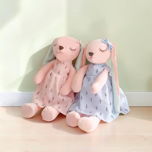 May include: Two plush rabbit dolls with long ears and embroidered closed eyes. The left rabbit is light pink wearing a matching pink dress with a small floral pattern. The right rabbit is light pink wearing a blue dress with a small floral pattern and a blue bow.