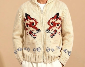 Men’s Hand Knit Wool Wolf Cardigan, Vintage Nordic Sweater, Canadian Zip Up Jacket, Scandinavian Wolf Knitwear, Rustic Winter Gift