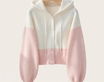 Damesvest met capuchon, dik en warm, herfstachtig, grof gebreid, roze met kleurblokken, oversized en comfortabel gebreid, herfst/wintercadeau voor haar.