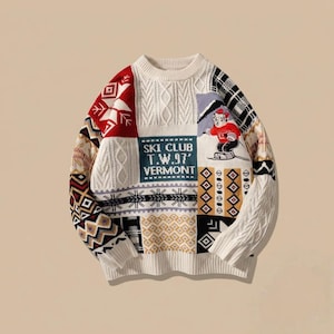 Patchwork Ski Club Bear Jacquard Knit Sweater, Vermont Cozy Pullover