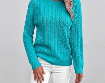 Maglione da donna in acrilico a trecce, girocollo turchese, maglione a maglia grossa e confortevole, top casual a maniche lunghe per autunno/inverno, regalo per lei
