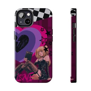 May include: A phone case featuring a blonde anime character in a black outfit holding a notebook, set against a purple heart, black stars, and a checkered pattern. The word LOVE is printed in pink at the bottom, with a side view showing the black edge.