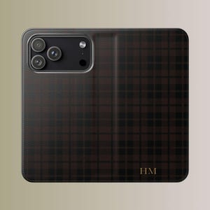 Étui à rabat monogrammé personnalisé à carreaux tartan foncé | Portefeuille portefeuille noir et marron