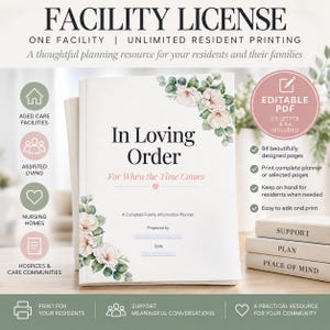 May include: A white planner titled In Loving Order with floral illustrations in the corners. The cover includes text fields for Prepared by and Date. Beside it are three stacked books labelled Support, Plan, and Peace of Mind, with icons and text detailing facility licence features and editable PDF options.