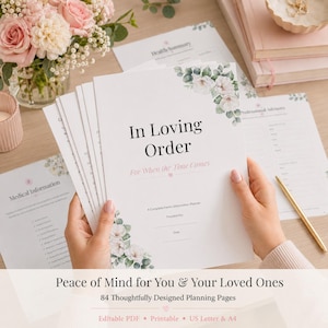 May include: A white paper planner titled In Loving Order For When the Time Comes with floral accents in the corners. The document includes sections for medical information and professional advisors, featuring black text on a white background.