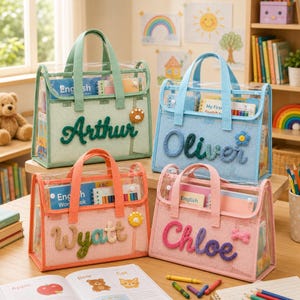 Personalized A4 Clear School Book Bag, Custom Name Kids Homework Folder, Waterproof Library Storage Tote, Back to School Gift for Boys Girls