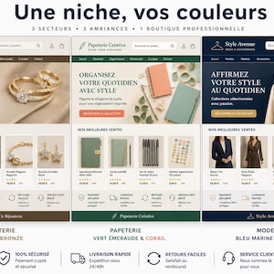 May include: A digital display showing three distinct e-commerce website layouts titled Eclat d'Or, Papeterie Creative, and Style Avenue. Each layout features product categories, navigation menus, search bars, and featured items like jewellery, stationery, and clothing.