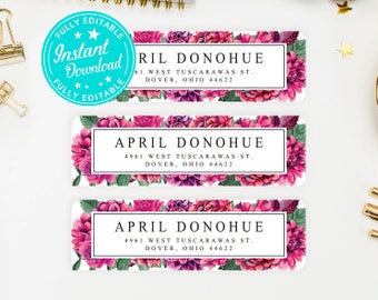 INSTANT DOWNLOAD DIY Address Labels / Pink Floral Editable Address Labels with Templett / Personalized Customizable Address Labels / April