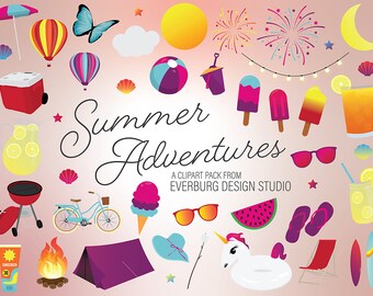 Summer Adventure Clipart Set, Beach & Camping Fun (Digital Download)