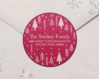 Scandinavian Christmas Tree Address Labels, Red Round Stickers - Claire