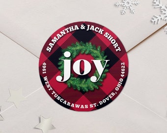 Address Labels / Buffalo Check Joy Christmas Return Address Labels / Christmas Wreath Return Labels / Address Label Sticker / Samantha