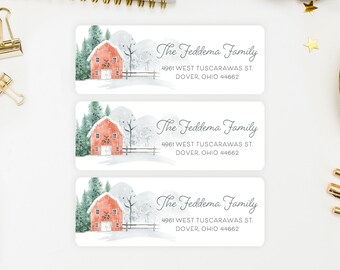 Cottagecore Christmas Barn Address Labels, Winter Stickers - Emily