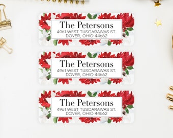 Christmas Elegant Red Poinsettia Floral Return Address Labels - Ragen