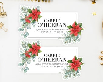 Christmas Poinsettia Address Labels, Floral Holiday Stickers - Carrie