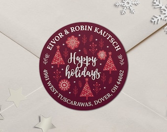 Scandinavian Christmas Tree Address Labels, Red Round Holiday Stickers - Eivor