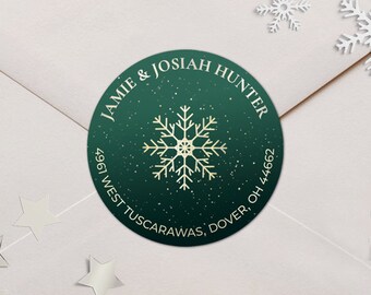 Christmas Address Labels: Green Snowflake, Gold Light, Round Return Address - Jamie