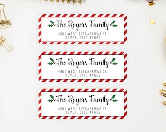 Candy Stripe Christmas Address Labels with Holly - Celia