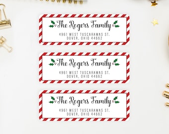 Address Labels / Red Candy Stripe Christmas with Holly Return Address Labels / Christmas Return Labels / Address Label Sticker / The Celia