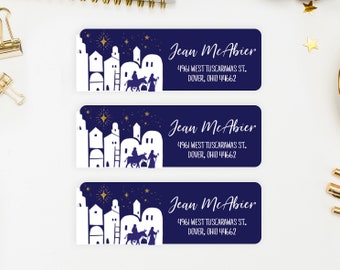Christian Nativity Christian Blue Christmas Return Address Labels - Jean