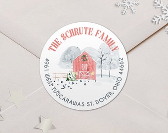 Cottagecore Christmas Address Labels, Farmhouse Round Winter Barn Stickers - Dawn