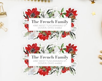 Elegant Christmas Poinsettia Return Address Labels, Floral Stickers - Faith