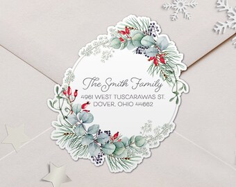 Custom Christmas Round Floral Address Labels: Holly, Pine, Eucalyptus - Ava