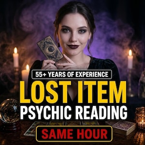 May include: A rectangular graphic featuring the text 55+ YEARS OF EXPERIENCE LOST ITEM PSYCHIC READING SAME HOUR. The image displays a person holding a dark tarot card with gold celestial designs, surrounded by candles and a crystal ball.