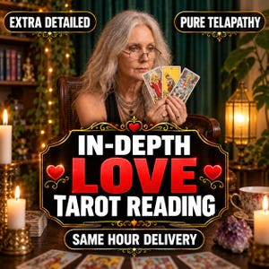 May include: A person with long gray hair and glasses holds three tarot cards. The image features text that reads: EXTRA DETAILED, PURE TELAPATHY, IN-DEPTH LOVE TAROT READING, and SAME HOUR DELIVERY. White candles, a teacup, and crystals are visible.