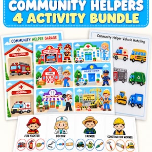 May include: A Community Helpers 4 Activity Bundle featuring colorful educational worksheets. The set includes illustrations of a fire station, hospital, farm, police station, restaurant, and construction site, along with matching cards for various professions.