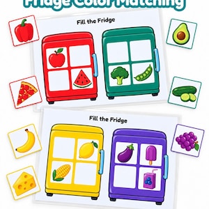 Op de afbeelding: Een Fridge Color Matching educatieve set met twee gelamineerde vellen met de tekst Fill the Fridge. De vellen tonen rode, groene, gele en paarse koelkasten met lege vakjes voor het matchen van kleurrijke kaarten met afbeeldingen van voedsel.