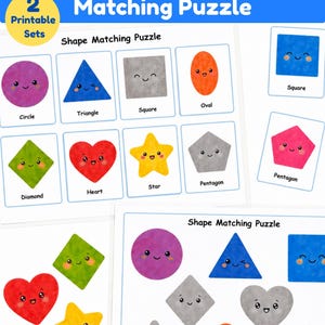 May include: A printable shape matching puzzle set featuring colorful geometric shapes with smiling faces. The sheets include a circle, triangle, square, oval, diamond, heart, star, and pentagon, each labeled with its corresponding name in black text.