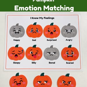 Peut inclure: Une feuille éducative plastifiée intitulée I Know My Feelings présentant huit illustrations de citrouilles avec diverses expressions faciales étiquetées Happy, Sad, Surprised, Angry, Sleepy, Silly, Bored et Scared, avec trois découpes de citrouilles en dessous.