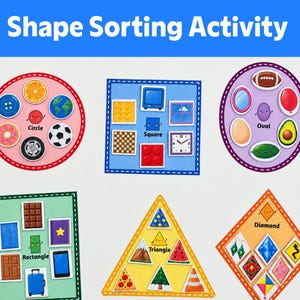 May include: A Shape Sorting Activity educational board featuring six distinct geometric shapes: circle, square, oval, rectangle, triangle, and diamond. Each shape contains smaller illustrations of corresponding objects, such as a soccer ball, clock, avocado, suitcase, pizza slice, and earrings, all labeled with their respective names.