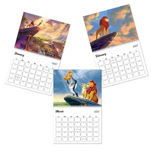 May include: A 2027 wall calendar featuring three pages with The Lion King illustrations. January shows a savanna gathering, February depicts a lion on a rock, and March displays a mandrill holding a cub. Each page includes a monthly grid.