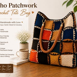 May include: A tote bag constructed from multicolored crochet squares in shades of orange, yellow, brown, cream, and navy blue, joined by black yarn. The bag features two tan, textured, cylindrical handles attached with gold-toned metal rings.