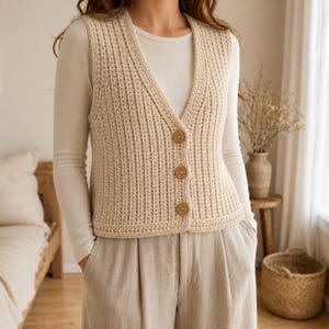 May include: A beige sleeveless knit waistcoat featuring a vertical ribbed texture, a deep V-neckline, and three round wooden buttons down the centre front. The garment is worn over a long-sleeved cream-coloured shirt and paired with light-coloured trousers.