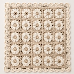 May include: A square crochet blanket featuring a grid of twenty-five floral motifs. Each motif consists of a light brown circular centre surrounded by white petals, set against a tan background. The blanket is finished with a scalloped crochet border.