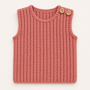 Può includere: Un gilet smanicato in maglia color rosa polvere caratterizzato da una texture a coste verticali su tutta la superficie. Il capo presenta uno scollo rotondo e due bottoni in legno chiaro posizionati sulla spalla destra per la chiusura.