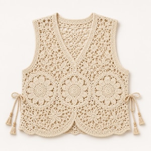 Può includere: Un gilet beige senza maniche realizzato in un complesso lavoro all'uncinetto con un motivo floreale ripetuto. Il capo presenta uno scollo a V, un orlo smerlato e lacci laterali rifiniti con piccole perline di legno e nappe su ogni lato.