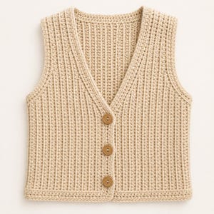 May include: A sleeveless beige knit vest featuring a vertical ribbed texture, a V-neckline, and three round wooden buttons down the center front. The garment is constructed with a consistent crochet stitch pattern throughout the entire piece.