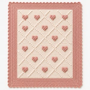 May include: A rectangular crochet blanket featuring a cream-colored center panel with a diamond grid pattern formed by raised bobble stitches. Each diamond contains a textured pink heart. The blanket has a wide, scalloped pink border.
