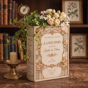 May include: A decorative book-shaped planter featuring a cream-colored finish with pastel floral and stained-glass style accents. The text reads: Our Greatest Chapter, A Love Story, Written by Sophia & Ethan, Est. 04.12.2025, Every Page Leads Us Home.
