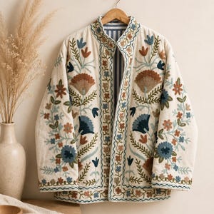 May include: A cream-coloured quilted jacket featuring intricate floral embroidery in shades of blue, rust, and green. The jacket has a mandarin collar, long sleeves, and a front opening that reveals a blue and white striped lining on the interior.