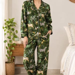Green Cotton Pajama Set for Women, Jungle Animal Print Sleepwear, Button Up Pajamas, Matching Shirt & Pants, Bridesmaid Gift