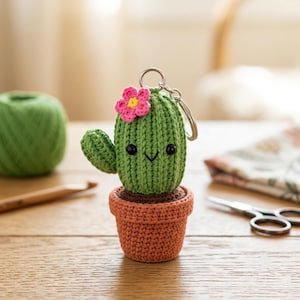 Op de afbeelding: Een gehaakte cactus sleutelhanger met een groen geribbeld cactuslichaam, een klein roze bloemetje bovenop, zwarte kraaloogjes en een geborduurde glimlach. De cactus staat in een bruin gehaakt potje en heeft een zilverkleurige metalen ring.